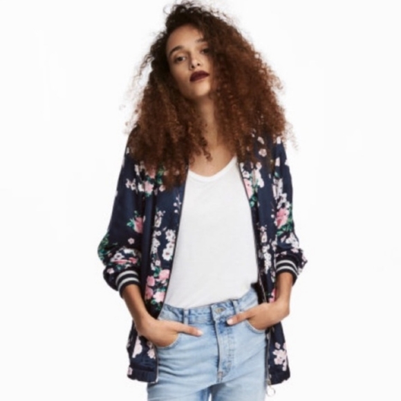 H&M Jackets & Blazers - H&M Blue Floral Satin Bomber Jacket